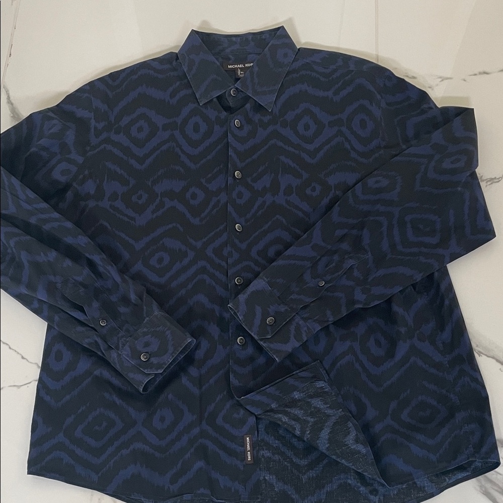 Michael Kors Navy and Black Ikat-Pattern Button-Up Shirt